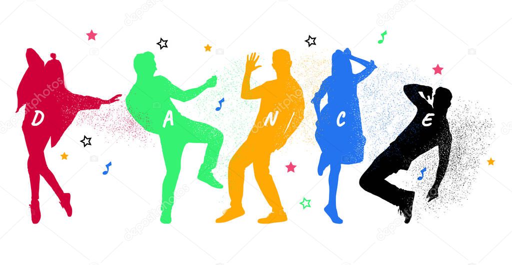 Colorful silhouettes of people dancing on white background, illustration. Banner design