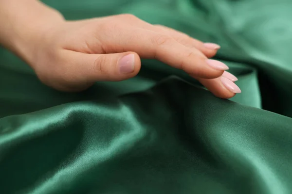Woman Touching Smooth Silky Fabric Closeup View — Stock Photo, Image