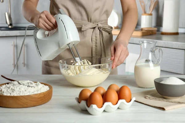 Woman Whipping White Cream Mixer Light Grey Table Kitchen Closeup — Fotografia de Stock
