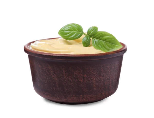 Tasty Cheese Sauce Basil Bowl Isolated White — Stockfoto
