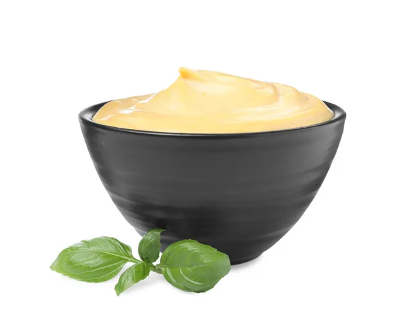 Tasty Cheese Sauce Basil White Background — Stockfoto