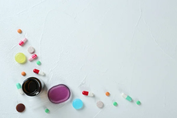 Flat Lay Composition Cough Drops Syrup Pills White Background Space — Fotografia de Stock