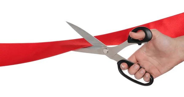 Woman Cutting Red Ribbon White Background Closeup — Stock Photo, Image
