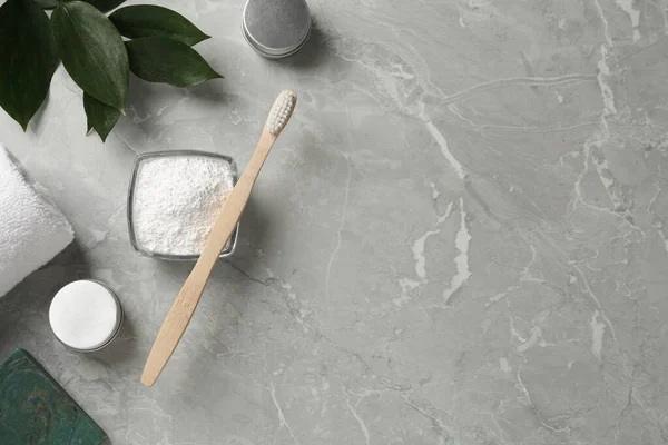 Flat Lay Composition Tooth Powder Green Leaves Light Grey Marble — Stock Photo, Image