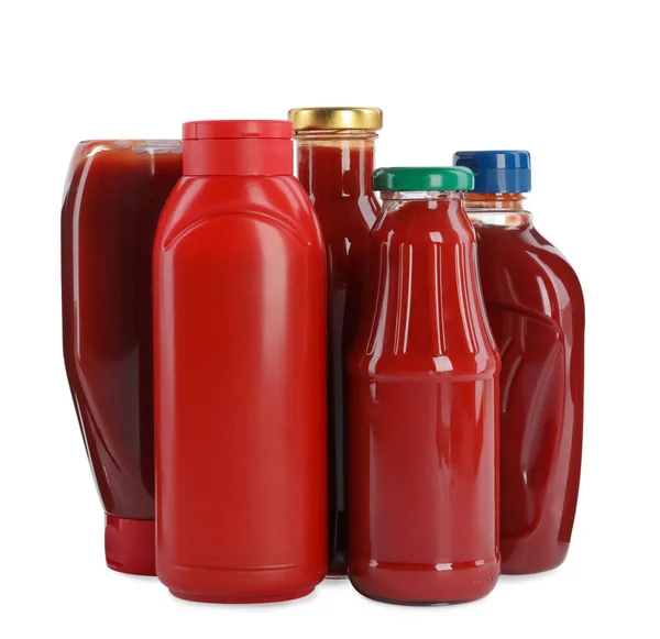 Different Bottles Ketchup White Background — Stok fotoğraf