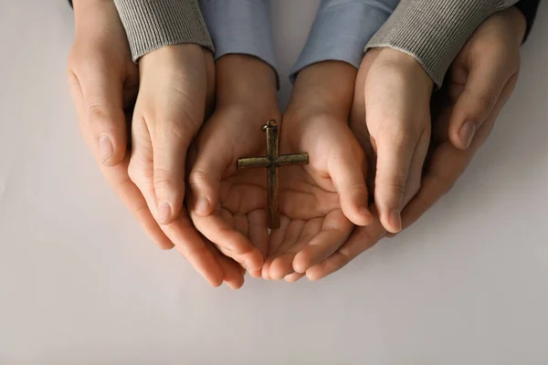 Boy His Godparents Holding Cross White Background Closeup — Photo