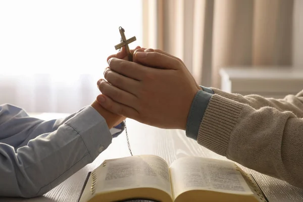 Boy His Godparent Praying Together White Wooden Table Indoors Closeup — 스톡 사진