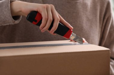 Young woman using utility knife to open parcel, closeup