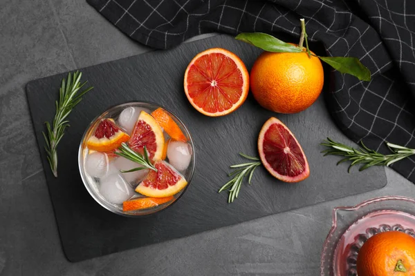Delicious Refreshing Drink Sicilian Orange Rosemary Fresh Ingredients Grey Table — ストック写真