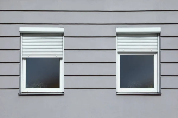 Wall Grey Stone Building Windows Rolling Shutters — стоковое фото