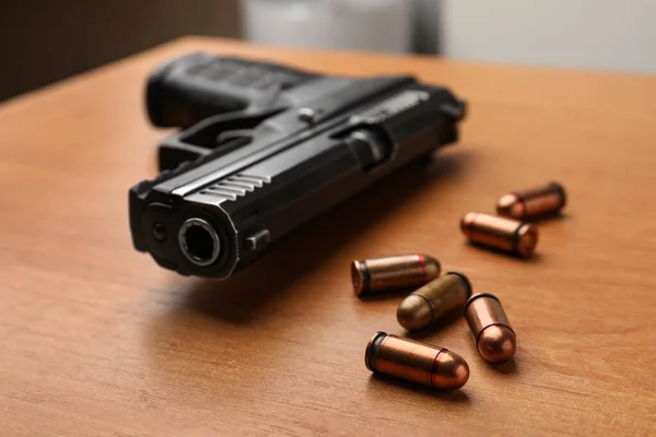 Semi Automatic Pistol Bullets Wooden Table Indoors Closeup — Photo