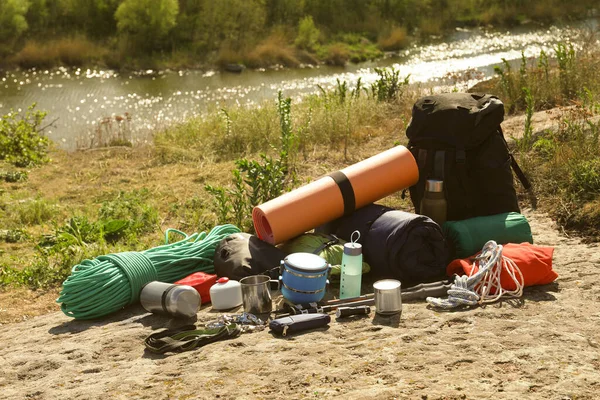 Backpack Hiking Equipment Rock River — ストック写真