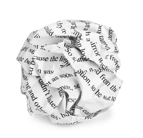 Zgnieciony Arkusz Papieru Odizolowanym Biało Drukowanym Tekstem — Zdjęcie stockowe