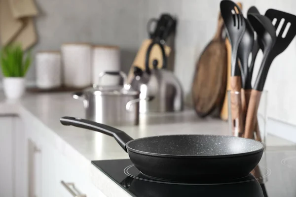 Frying Pan Cooking Utensils Kitchen Space Text — Stock Photo, Image