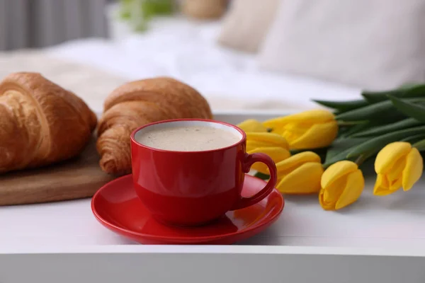 Morning Coffee Croissants Flowers White Wooden Tray Indoors — Stockfoto