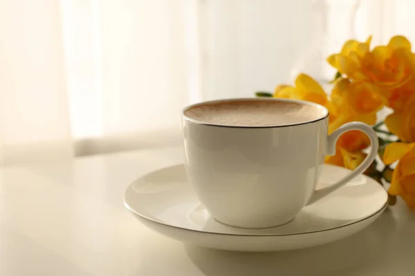 Delicious Morning Coffee Flowers White Table Indoors Space Text — Foto de Stock
