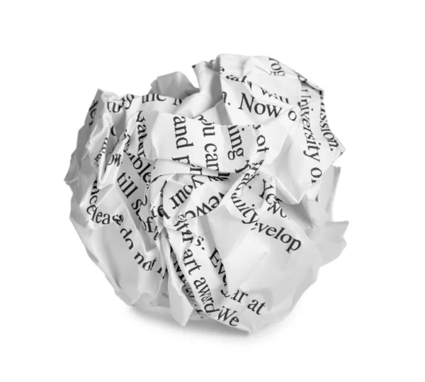 Crumpled Sheet Paper Printed Text Isolated White — Stock Photo, Image