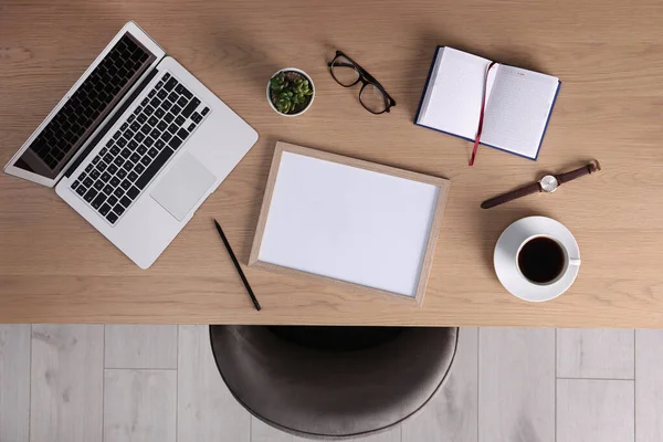 Chair Wooden Table Laptop Cup Coffee Stationery Indoors Top View — Stockfoto