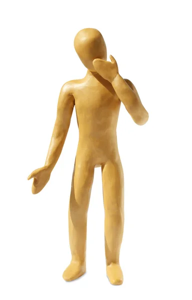 Human Figure Holding Hand Mouth Made Yellow Plasticine Isolated White — Stock Fotó