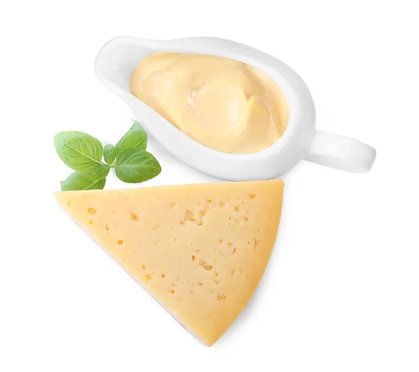 Tasty Cheese Sauce Basil White Background Top View — Stockfoto