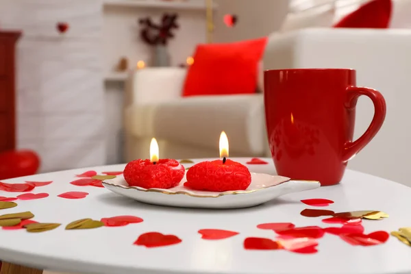 Red Cup Candles Heart Shaped Confetti White Table Indoors Valentine — Fotografia de Stock