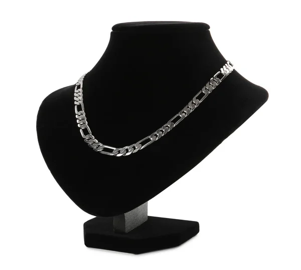 Stilvolle Silberne Halskette Auf Schmuckbüste Vor Weißem Hintergrund — Stockfoto