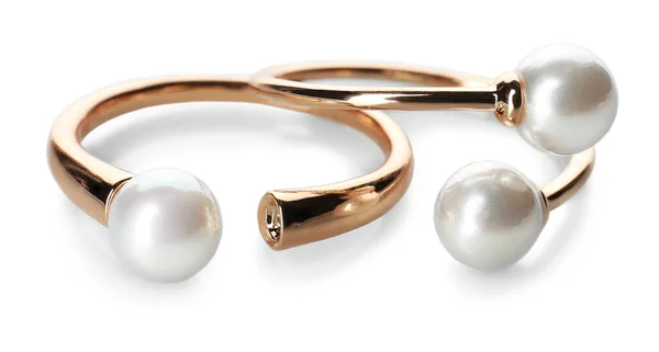 Elegant Golden Rings Pearls White Background — Φωτογραφία Αρχείου