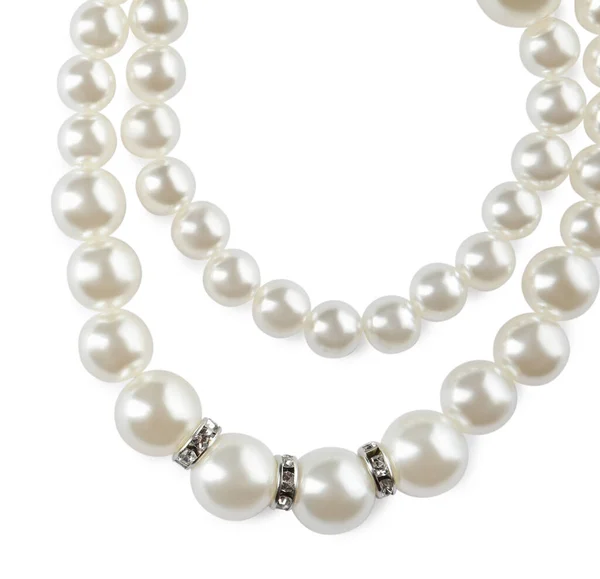 Elegant Pearl Necklace Isolated White Top View — Foto Stock