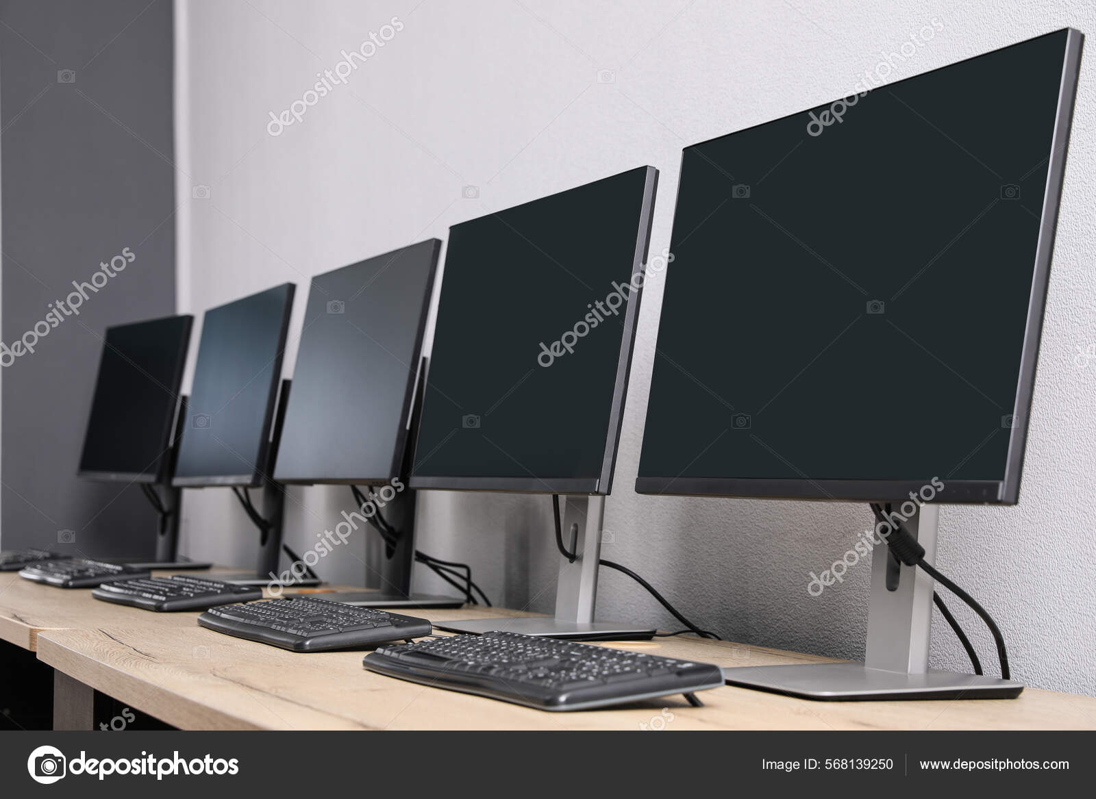 Open Office Interior Modern Workplaces Computers Light Grey Wall Stock