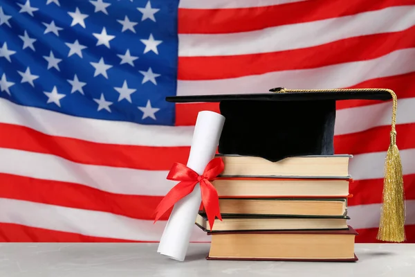 Graduation Hat Books Diploma Light Grey Table Flag United States — Foto de Stock
