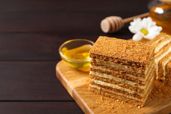 Delicious Layered Honey Cake Served Wooden Table Space Text — Foto de Stock