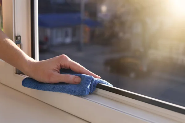 Woman Cleaning Window Frame Rag Home Closeup Space Text — Stockfoto