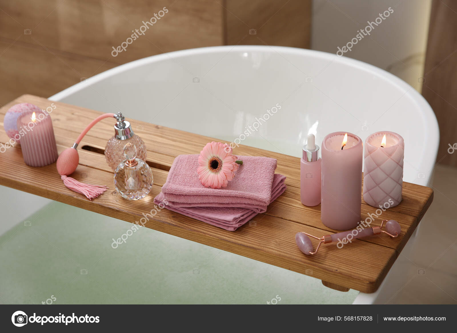 Wooden Bath Tray Candles Personal Care Products Tub Indoors Stock Photo by  ©NewAfrica 568157828