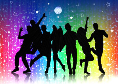 Silhouettes of people dancing on colorful background. Illustration