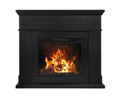 Dekoratif elektrikli şömine beyaza izole edilmiş. İç öge