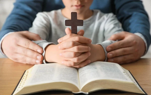 Boy His Godparent Praying Together Wooden Table Closeup — 스톡 사진