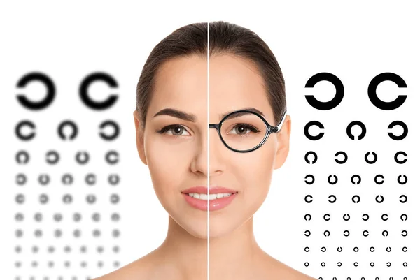 Collage Photos Woman Glasses Eye Charts White Background Visual Acuity — Stockfoto
