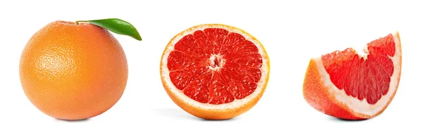 Whole Cut Ripe Juicy Grapefruits White Background Collage Banner Design — Stock fotografie