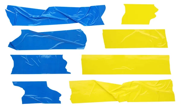 Set Pieces Blue Yellow Adhesive Tapes White Background Top View — ストック写真