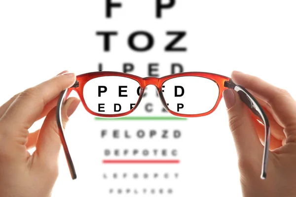 Woman Holding Glasses Closeup View Lenses Eye Chart White Background —  Fotos de Stock
