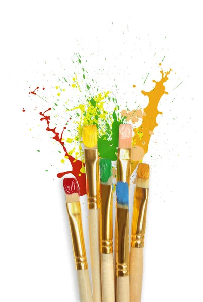 Different Brushes Paint Splatters White Background Top View — Stock Fotó
