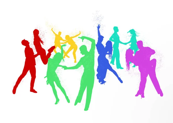 Kolorowe Sylwetki Ludzi Tańczących Białym Tle Ilustracja — Zdjęcie stockowe