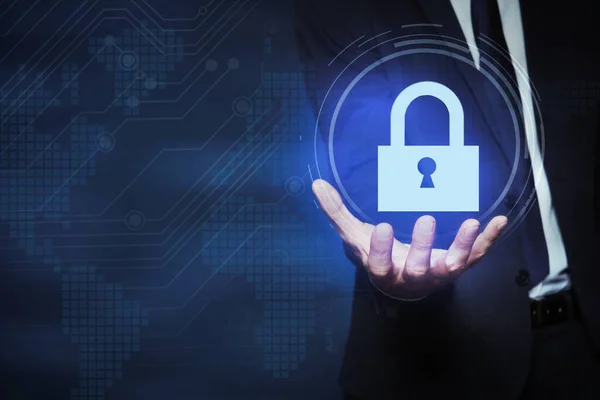 Cyber Security Concept Man Holding Virtual Icon Padlock Dark Background — Stockfoto