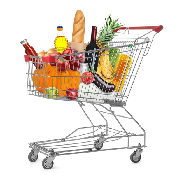 Winkelwagen Met Boodschappen Witte Achtergrond — Stockfoto