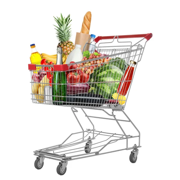 Carrito Compras Con Comestibles Sobre Fondo Blanco — Foto de Stock