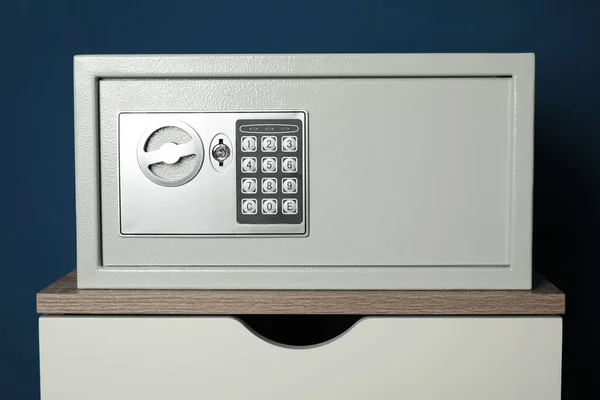 Steel Safe Electronic Lock Wooden Table Blue Background — 스톡 사진