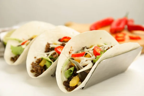 Delicious Tacos Fried Meat Vegetables Cheese White Wooden Table Closeup — Stock Photo, Image