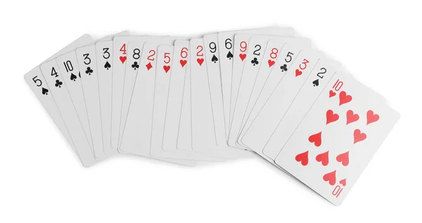 Many Different Playing Cards White Background Top View — Stock Photo, Image