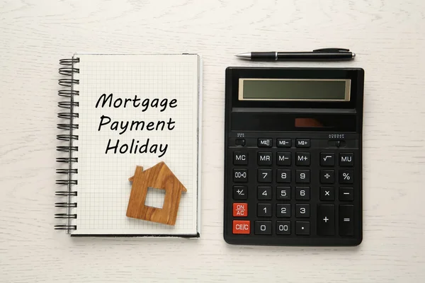 Notebook Words Mortgage Payment Holiday House Model Calculator Pen White — Photo