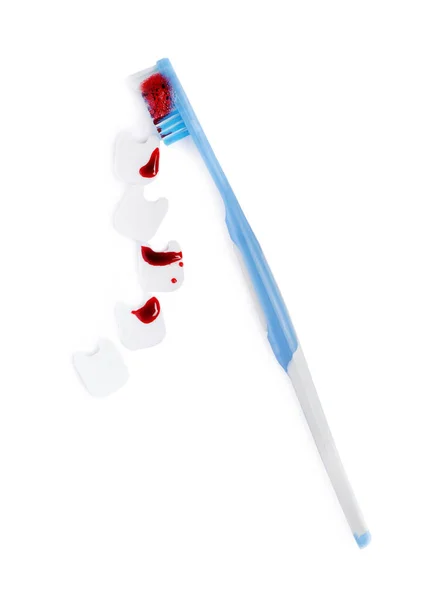 Decorative Teeth Toothbrush Blood White Background Top View Gum Inflammation — Stock Photo, Image